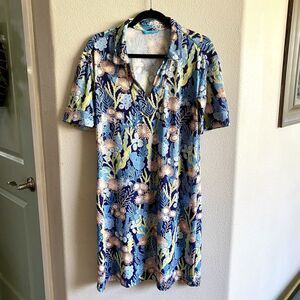 Tori Richard Honolulu Hawaiian Stretch Dress Coral Reef Ocean Print Blue Large